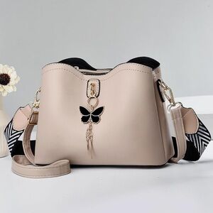 Women’s Beige Crossbody Bag Shoulder Handbag Double Straps Purse Butterfly Charm